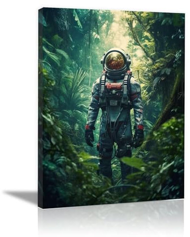 SHYAMIC Männer Gemälde ür Schlafzimmer Bilder Kunstwerke, Astronaut im Urwald Leinwand Wandkunst Poster Drucke für Wohnzimmer Mann Büro Geschenk für Mann - 70x110cm Gerahmt