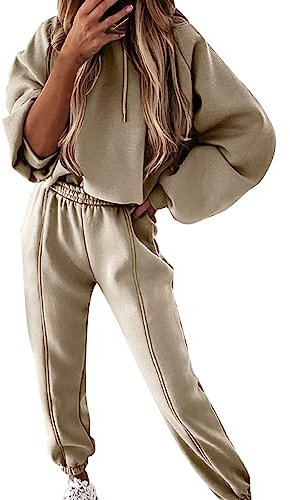 UnoSheng Pyjamas Pour Femmes Enceintes Tenues Deux Pièces Femmes, Décontracté Manches Longues Pull À Capuche Ensembles Crop Top Ensembles Tenue Extravagante Femmes, beige, L