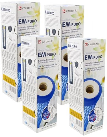 4 x Prime Inventions Wasserfilter EM Puro mit EM-Keramik und Mikrofiltration | hoher Durchfluss geeignet für Wasserwirbler | zusätzlich Tabs zur Reinigung und Entkalkung Ihres Filtergerätes