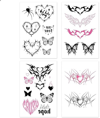 NATOSU 4 Stücke Y2k Style Temporäre Tattoo Schwarz & Pink Herz, Schmetterling, Spinne Muster Aufkleber Für Handgelenk, Körper, Brust, Bauch, Rücken