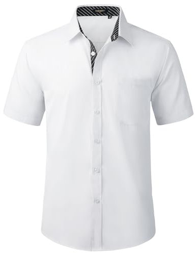 HISDERN Mens Short Sleeve White Shirt Casual Shirts Business Regular Fit Dress Shirts for Men Non-Iron Stretch Shirt with Pocket,4XL