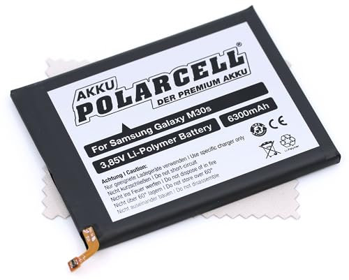 Ersatz Akku passend für Samsung Galaxy M30s, Galaxy M21, Galaxy M31 (Ersetzt Originalakku EB-BM207ABY) 6300mAh Polarcell mit mungoo Displayputztuch