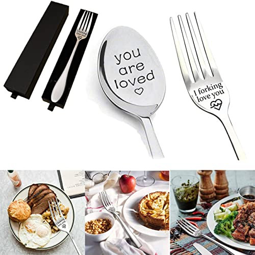Gabel- und Löffel-Set I Forking Love You, I Forking Love You Gabel in Geschenkbox, Tranchiergabel, gravierte Gabel - Geschenk für Ehemann, Ehefrau und Familie (A)