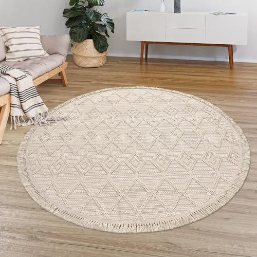 TT Home Wohnzimmer Teppich Kurzflor Skandi Design Geometrisch Fransen Boho Rauten Muster, Farbe:Hellbeige Creme, Größe:120 cm Rund