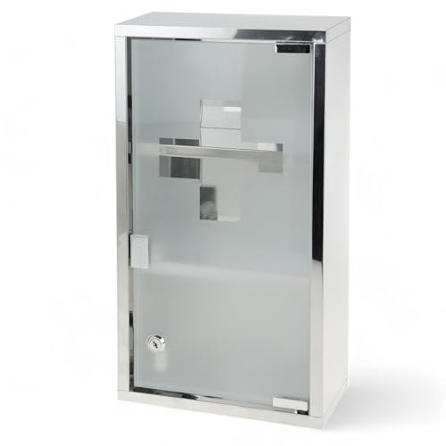 MIJOMA Medizinschrank aus Metall, abschließbar mit Glastür und Ablageböden, Sicherheitsschloss inkl. 2 Schlüssel, Arzneischrank für Erste Hilfe, Kindersicher, Wandmontage (Silber, 25 x 12 x 48 cm)