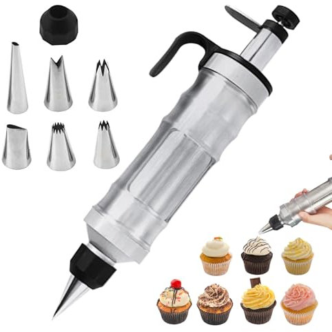 LEKEFETO Profi Garnierspritze Edelstahl, Gebäckpresse mit 6 Tüllen, Tortenspritze Garnierspritze, Krapfenspritze für Marmelade, zum Dekorieren von Kuchen, Kekse, Gebäck - Schwarz