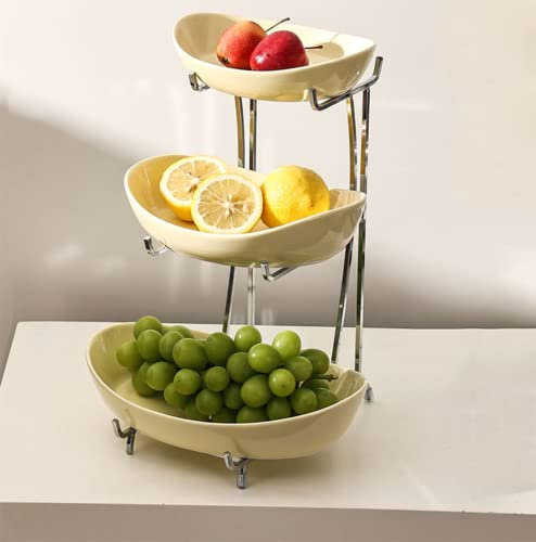 WYRMB Ceramic Fruits Bowls - Pottery 3 Tier Oval Bowl Set with Metal Rack, Tiered Ceramic Serving Tray Set for Sushi, Dessert, Fruit, Vegetables, Appetizer, Cake, Candy,Chip Dip, Beige