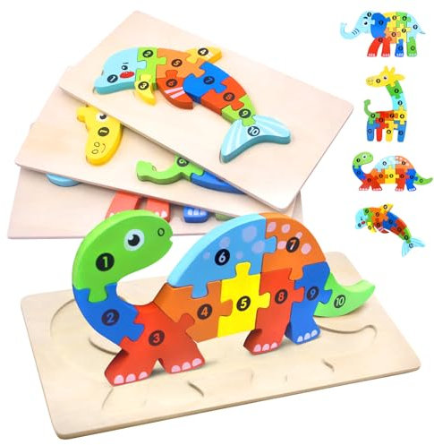 HOVIBU Holzpuzzle für Kleinkinder von 1-3 Jahren, Montessori Spielzeug ab 1 Jahr, Lernendes Pädagogisches Holzpuzzle-Spielzeug, Geschenk für 1 2 3 jährige Jungen und Mädchen - 4er-Pack