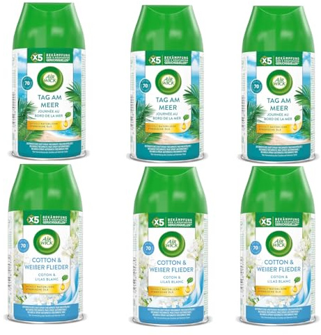 Air Wick Freshmatic Max Nachfüller 6er Pack mit 2 Düften (3 x 250ml Tag am Meer+ 3 x 250ml Cotton & Weißer Flieder)