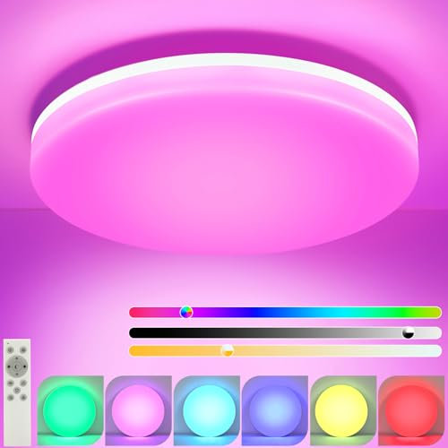 muyuua Deckenlampe LED Deckenleuchte Badezimmer - Schlafzimmerlampe Dimmbar mit Fernbedienung Badezimmerlampe flach Ø22CM 18W rund RGB Küchenlampe IP54 für Bad schlafzimmer