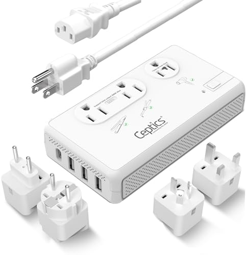 Ceptics Convertisseur de Tension de Voyage 220 V à 110 V avec Type C, E/F, G, Prises I, Sortie 2000 W pour sèche-Cheveux, 4 Ports USB avec 1 Port USB-C PD 18 W à Charge Rapide, pour