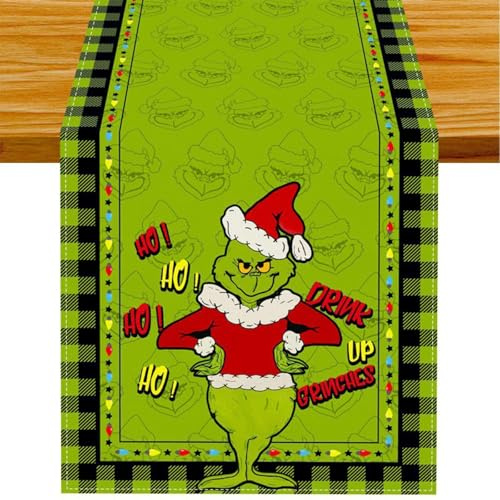 Tischläufer Weihnachten, Leinen Weihnachtsgrinch Serie Tischläufer, Lang Rechteckige Weihnachtstischdecke für Das Weihnachtsessen Tisch Dekoration, Abwaschbar 34 x 186 cm (A)