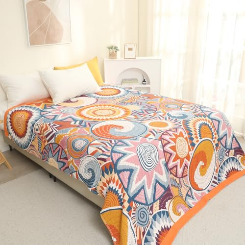 Snylcce Doppelseitige böhmische Decke - 100% Bio-Baumwolle, handgewebte Bett- und Sofadecke, gemütlicher Boho-Akzent für 2-3-Sitzer Sofas und Sessel - 200x230cm,Bunte Welt