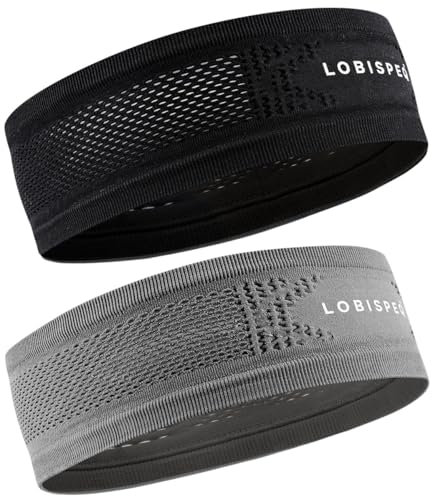 LOBISPEQ 2 x Sport-Stirnband, atmungsaktiv und bequem, aus Nylon + Spandex, Laufen, Fitnessstudio, Haarband, Damen-Stirnband, Kopfband für Herren, Schwarz und Grau