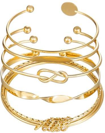 FDEETY 5 Stück Armbänder Set Damen Mehrlagiges Stapelbares Armband Armreif Knoten Kreis Ring Öffnen Geometrisch Armbandset Mode Schmuck Geschenk für Mädchen Frauen (Gold)