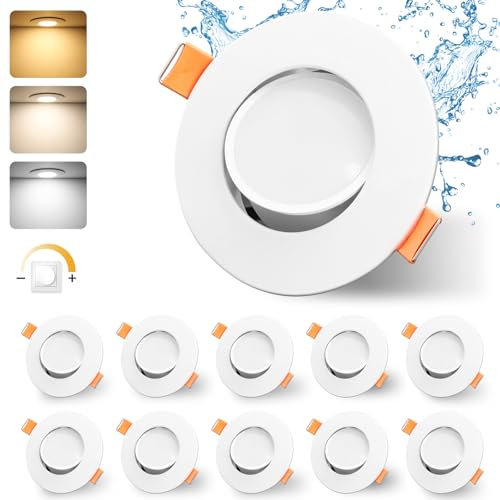 GeyouLux LED Einbaustrahler 230v Dimmbar 68-80mm 4.9W IP44 Ultra Flach LED Spots Badezimmer 3000K/4000K/6000K Deckenspots für Wohnzimmer 45°Schwenkbar Einbauleuchten Einbaustrahler Weiß 10er Set