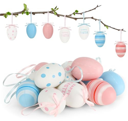 Quuylin Oeufs de Pâques à Suspendre, 24 Pièces Oeufs de Paques Decoration avec Rubans, Pois et Rayures, Oeufs de Paques Plastique pour décoration d'arbustes, Chasse de Pâques - Rose, Bleu