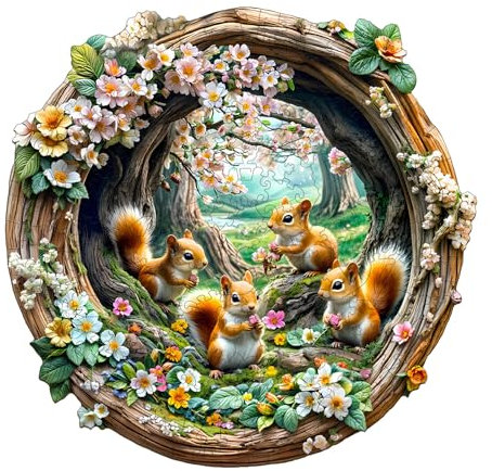 Holzpuzzle Erwachsene 3D Spring Eichhörnchen - 200 Teile Rundpuzzle Geschenkbox, Wanddekoration (Erwachsene/Kinder)