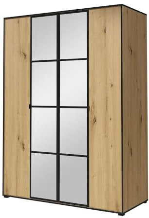 FurnitureByJDM Classique Armoire Chambre avec Miroir - Armoire 4 Portes avec Penderie & 5 Étagères - 150 cm Largeur, 206 cm Hauteur, 65 cm Profondeur – Oslo I (Chêne Artisan/Noir)