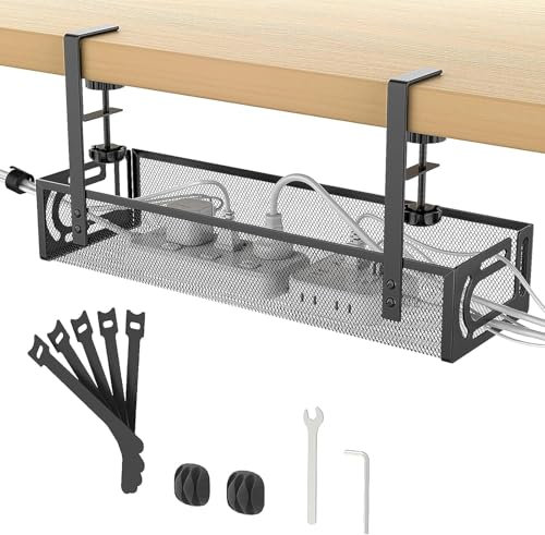 Under Desk Cable Management Tray - 15.3‘’ No Drill Cable Tidy Basket Metal Mesh Office Supplies Organizer Storage Case Cord Hanging Basket for Home Office Internet Cafes Under Desk