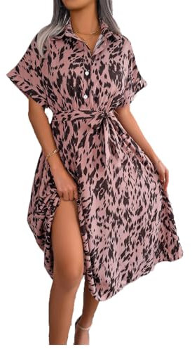 fdsmall Womens Boho Maxi Dress Summer Leopard Print Casual Short Sleeve Dress Floral Midi Tshirt Dresses (UK, Alpha, S, Regular, Regular, Pink)