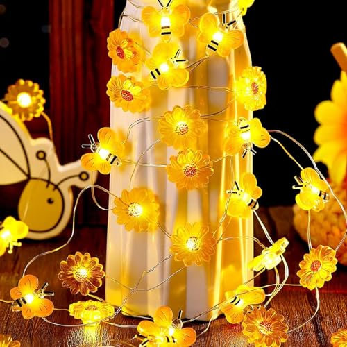 ENLACE Biene und Blumen Lichterkette, 2M 20 LED Lichterkette Bienen Batteriebetrie, Bienen Blumen Lichterkette Dekoration für Kinderzimmer Garten Hochzeit Party Außen Innen