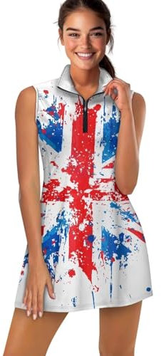 Suhoaziia Robe de tennis pour femme avec short intégré, robe de golf athlétique sans manches pour entraînement, exercice, sport, taille XS à XXL, Drapeau anglais, XXL
