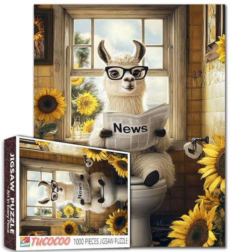 Tucocoo Lustiges Lama Badezimmer Puzzle für Erwachsene, 1000 Teile Puzzles mit Brille Tragen Lama Lesen Zeitung auf Toilette Puzzle, schrulliger Tierhumor, herausfordernde Puzzles Geschenk