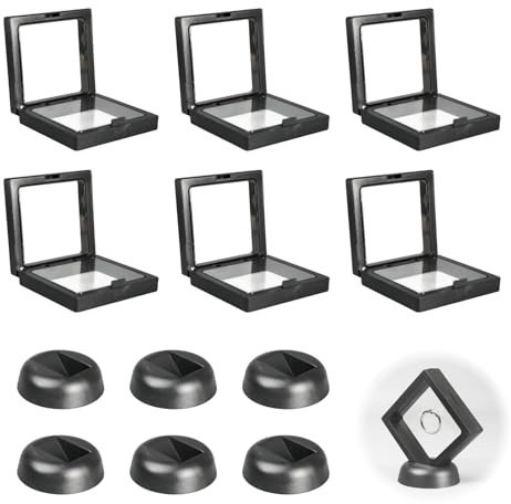 6er Set Schwebender Rahmen Displayhalter für Schmuck und Sammlerstücke, Staubdichte Vitrinenboxen mit 3D-Schwebeeffekt, Transparente und Flexible PE-Folie, Ideal für Münzen, Medaillen, Briefmarken