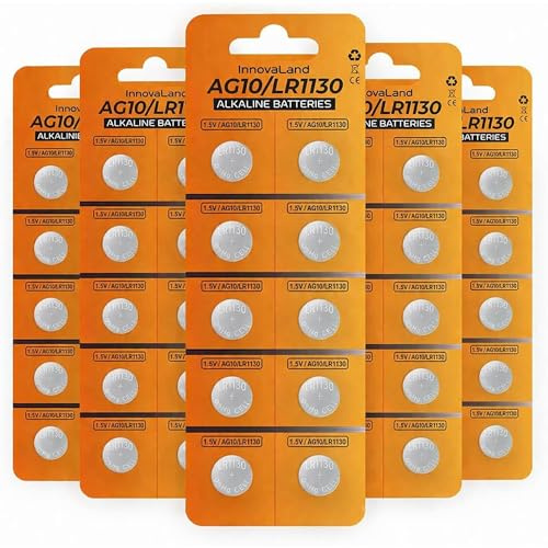 Innovaland Pack of 50 LR1130 Button Batteries - 6.67mAh HG Button Cell Emergency Batteries - 1.5V Alkaline AG10 Button Cell Batteries - Blister Pack Long Lasting Batteries for Watches, Calculators