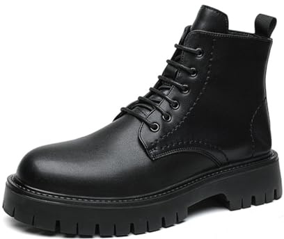 LMUIPMAA Stivaletti da Combattimento con Plateau da Uomo Stivaletti Corti Stringati alla Moda con Suola carrarmato e Cerniera Laterale,Nero,42 EU