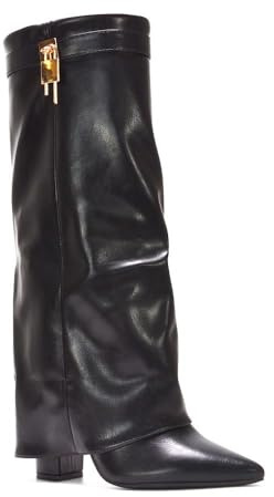 ESSEX GLAM Women's Fold Over Ladies Black Synthetic Leather Knee High Lock Buckle Boots Size 5