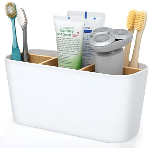 VINATO Soporte Cepillo De Dientes, Portacepillos de Dientes Electrico, Particiones de Bambú Porta Cepillos Dentales De Baño con 5 Compartimentos Organizador Baño para Oficina, Sala, Estar Cocina