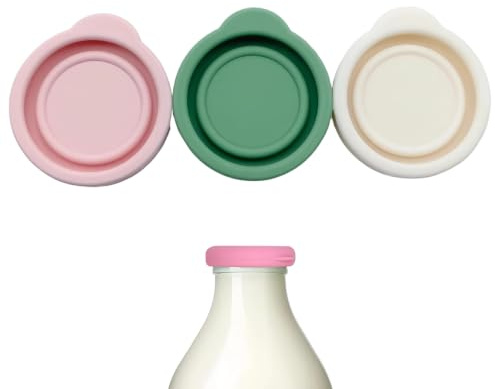 3pcs Silicone Milk Bottle Tops, 40mm Reusable Bottle Lids for Glass Milk Bottles, Leakproof Dishwasher Safe Caps for Kitchen Storage (Green White Pink)