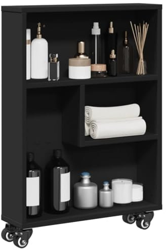 mtlskopl schmales Regal Schwarz 48 x 13 x 68 cm aus Holzwerkstoff mit 4 Rollen und Bremsen, standregal als küchenregal bücherregal für Wohnzimmer Küche Bad
