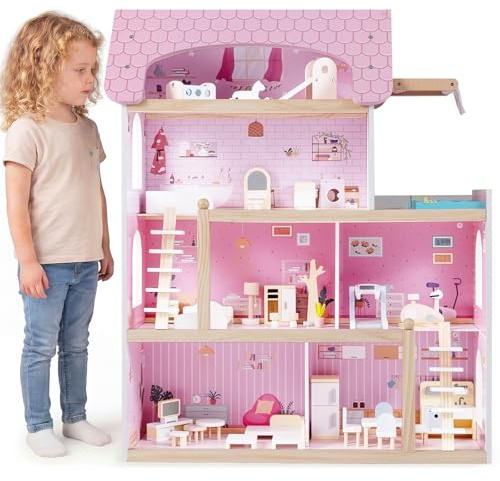 COSTWAY Maison de Poupée Fille en Bois à 4 Étages avec 7 Pièces et 33 Mobiliers, Maison de Rêve avec Escaliers Amovible & Motifs Mignons, Jeu d’Imitation pour 3 Ans+, 63x25x78 cm (Rose)