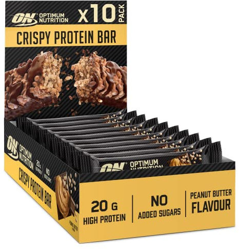 Optimum Nutrition Crispy Protein Bars, barres protéinées, sans sucres ajoutés, goûter sportif pour hommes et femmes, goût beurre de cacahuète, 10 x 65g