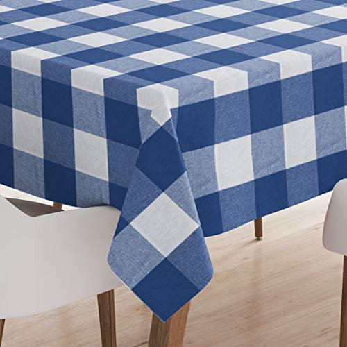 Encasa XO Baumwoll Rechteckig Tischdecke | (140x240 cm) | Büffelblaue Karos | Tischdecke für Dekoration