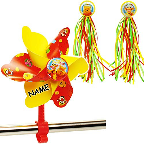 alles-meine.de GmbH 3 TLG. Set: kleines Windrad + Fahrradfransen/z.B. als - Fahrradwindrad - Pooh Bär - inkl. Name - mit Befestigung für Lenker - Fahrrad Kinder - Mädchen Jung..