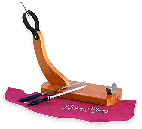 BRICOMIRAS - Jamonero Modelo Huelva Económico | Incluye Cuchillo y Chaira | Soporte Robusto de Madera de Pino | Ideal para Jamones Medianos y Grandes, Cubrejamón Burdeos
