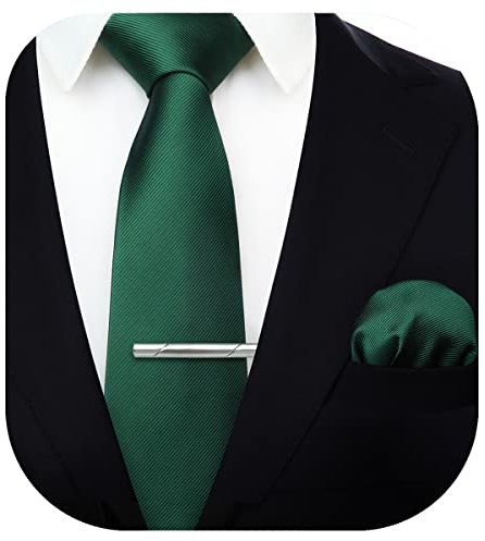 HISDERN Corbata de boda Verde scuro asargada Hombres clasico Corbata & Plaza de bolsillo Conjunto de clip