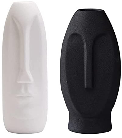 2 Stück Moderne Minimalism Gesicht Vase, Keramik Blumentopf Pflanzer, Dekorative Figur Kopf Form Blumentopf Vintage Deko (Hohe Weiß Kurz Kohlenschwarz)