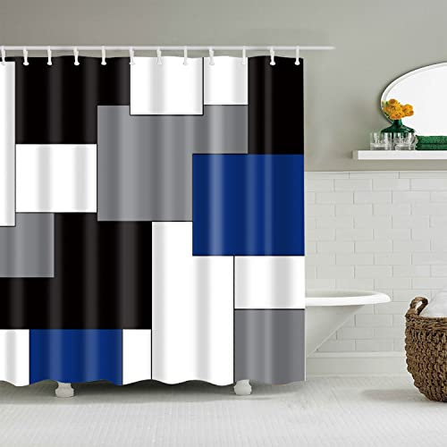BOYOUTH Rideau de douche en polyester imperméable avec 12 crochets - 177 x 178 cm - Motif géométrique blanc - Noir - Gris - Bleu marine - Blanc