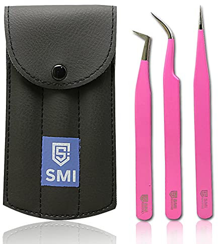 SMI 3 Wimpern Pinzette Set Rosa Wimpernpinzette Wimpernverlängerung Pinzette Spitz Wimpernzange Gebogen und Gerade Edelstahl Künstliche 3D 6D Volumen Wimpern mit Etui