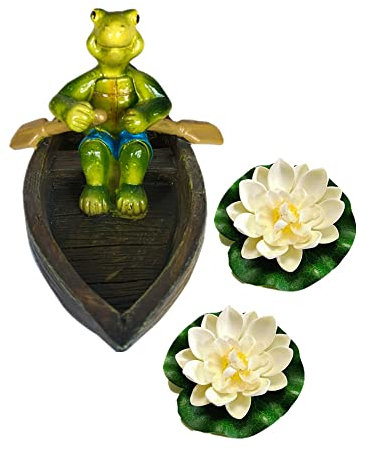 Super Idee Miniteich Deko Schildkröte mit 2 Schwimmend Lotusblüte schwimmend Teichfigur für Miniteich Terrassenteich Zinkwannen Solarbrunnen Innenbrunnen Deko (Schildkröte auf Holzboot)