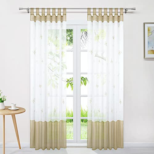 Delien Voile Gardinen Modern Transparente Gardinenschals Landhaus für Wohnzimmer »Schmetterling« Vorhang mit Stickerei Flächenvorhänge Fenster Schal mit Schlaufen 1 St.,BxH 140x175cm,Sand