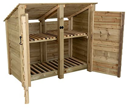 Wooden Log Store 4Ft With Doors (W-146cm, H-126cm, D-88cm), natural finish (With kindling shelf (reverse roof))