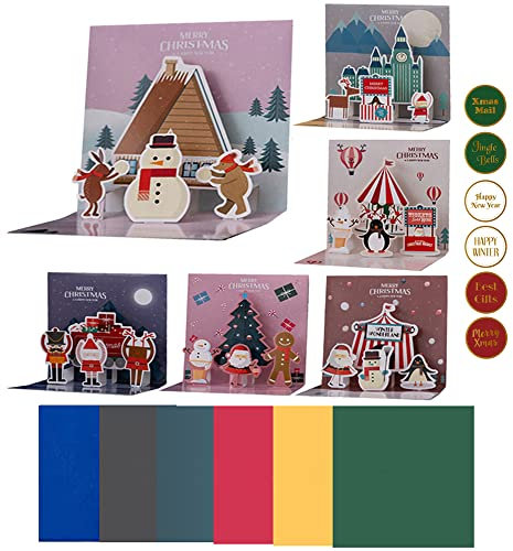Shulaner Pop Up 3D Christmas Cards with Envelopes and Stickers, lustige Pop Up Weihnachtskarten Frohe Karten Weihnachten Grußkarten 2022 in English zum Ausdruck von Weihnachtsgrüßen – 6 Stück