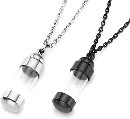 Zysta Collana con Ciondolo Bottiglia Apribile in Acciaio Inossidabile, Collana Flacone Trasparente in Vetro Porta Ceneri Profumo, Gioielli Memoriale Ricordo per Lui Lei Coppia Amici (Argento+Nero)