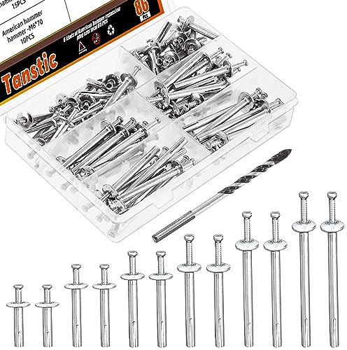 Tanstic 86Pcs 1/4 Inch Hammer Drive Pin Anchors with Concrete Drill Bit Assortment Kit, M6 x 30-80mm Mushroom Head Hammer Drive Nail in Anchors, Mushroom Nail Drive Anchors for Concrete Drywall